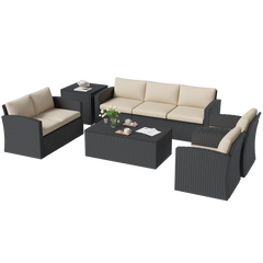 AECOJOY 7 PCS Outdoor Patio Furniture Sets with 2 Storage Boxes, Black & Beige