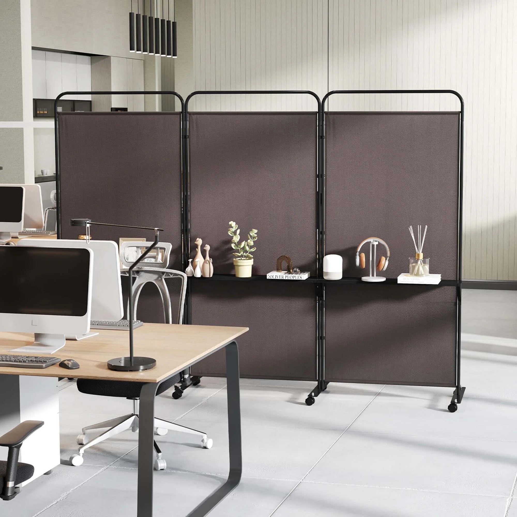 Costway 3 - Panel Room Divider with Storage Shelves 6FT Tall Folding Privacy Screen on Wheels Black