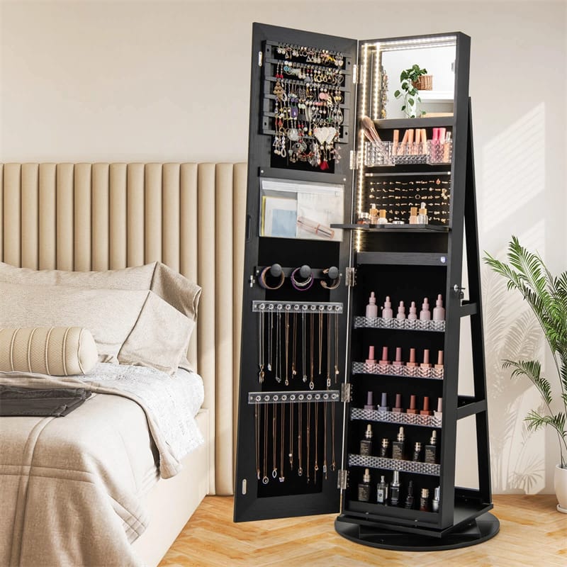 360° Swivel Jewelry Cabinet Armoire w/ Full Length Mirror 3-Color LED Lights & Rear Shelves, Lockable Standing Jewelry Storage Organizer