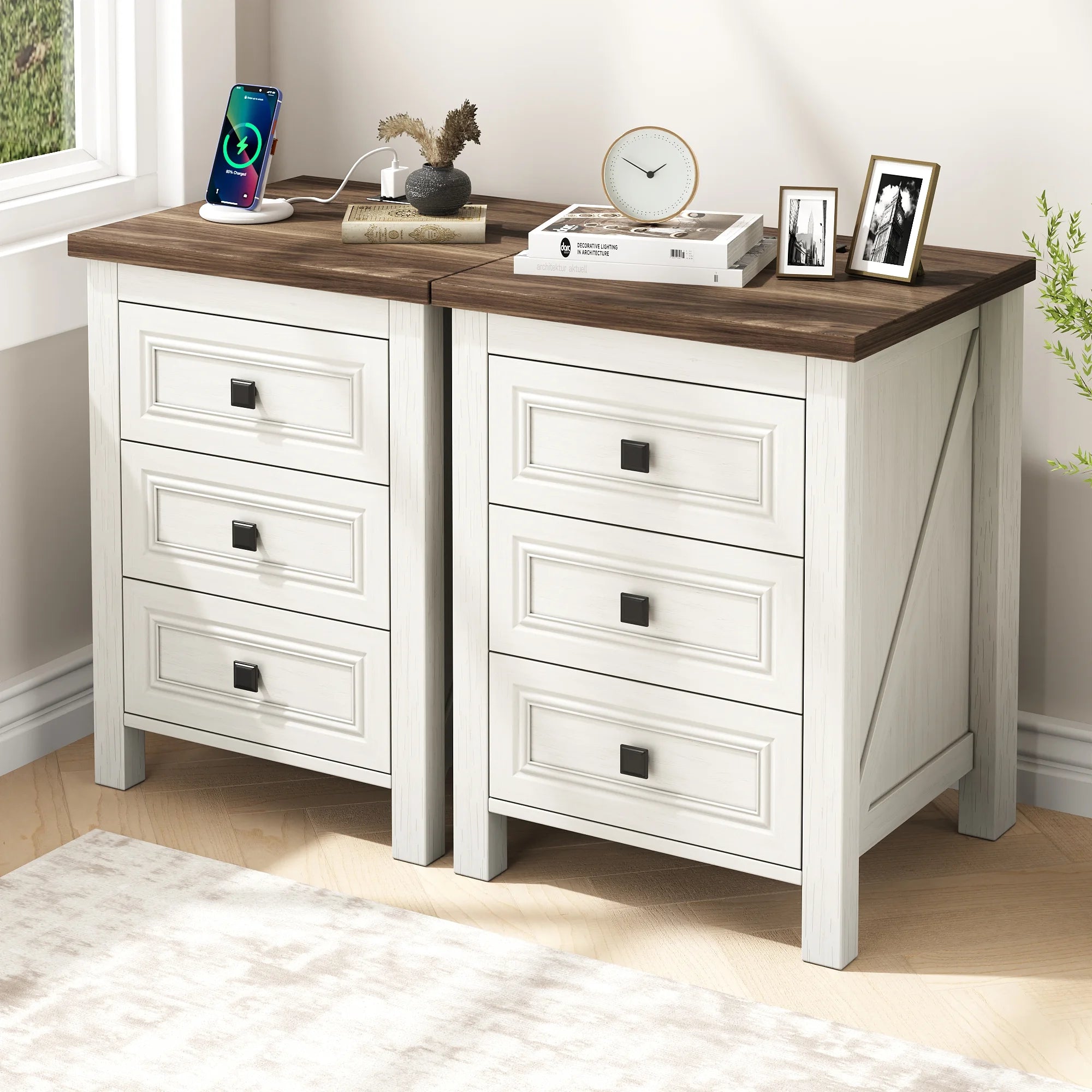 IDEALSOUL Nightstand, Bedside Table with Charging Station, Farmhouse 3 Drawer Nightstand Rustic Night Stand End Tables for Bedroom Living Room, Gray