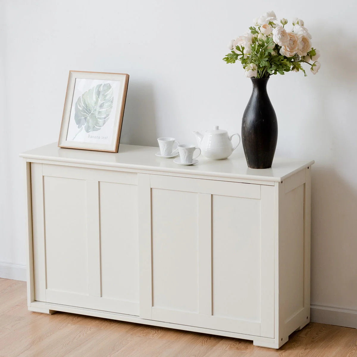 Costway Kitchen Storage Cabinet Sideboard Buffet Cupboard Wood Sliding Door Pantry Cream White