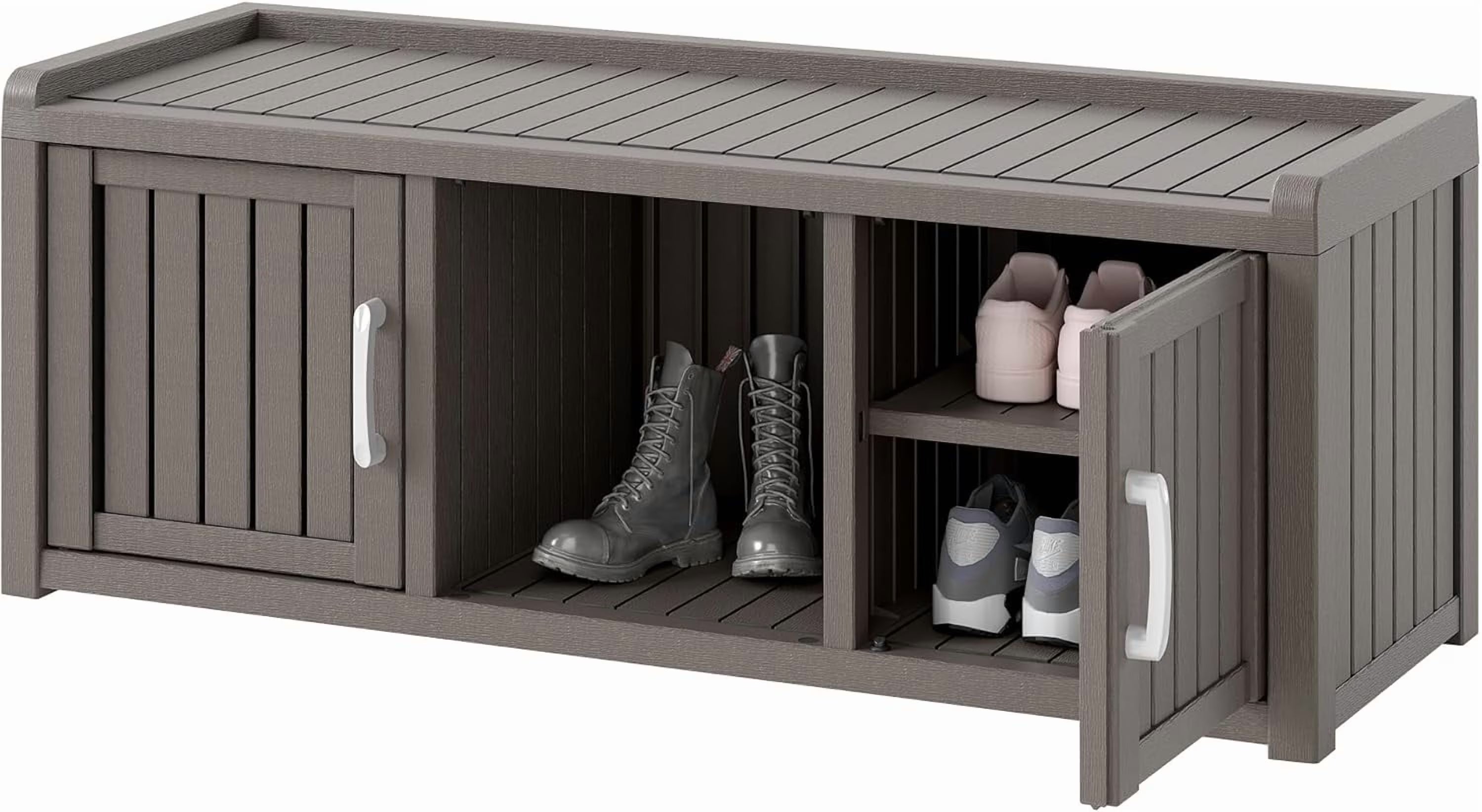 KAMABOKO Outdoor Shoe Storage Cabinet, Waterproof UV - Resistant Entryway Storage Bench Indoor Outdoor with 2 Barn Doors, Adjustable Shelves for Entryway, Bedroom, Hallway, Living Room(Black)