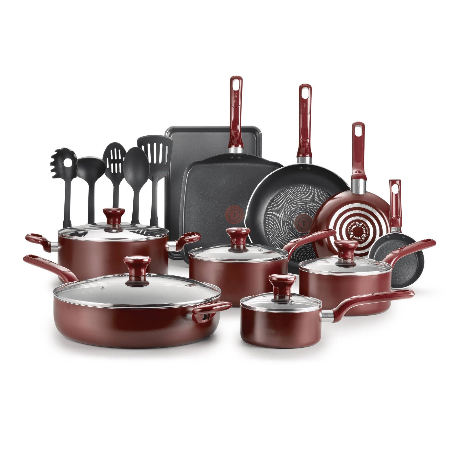 T-Fal Easy Care Nonstick Cookware, 20 Piece Set, Red, B089SKDW