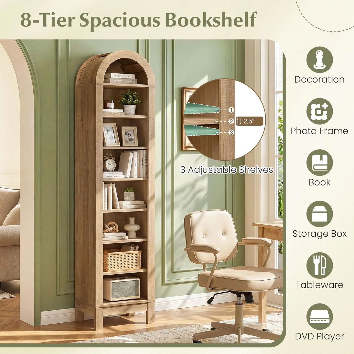 Tangkula 71" Tall Arched Bookcase for Living Room