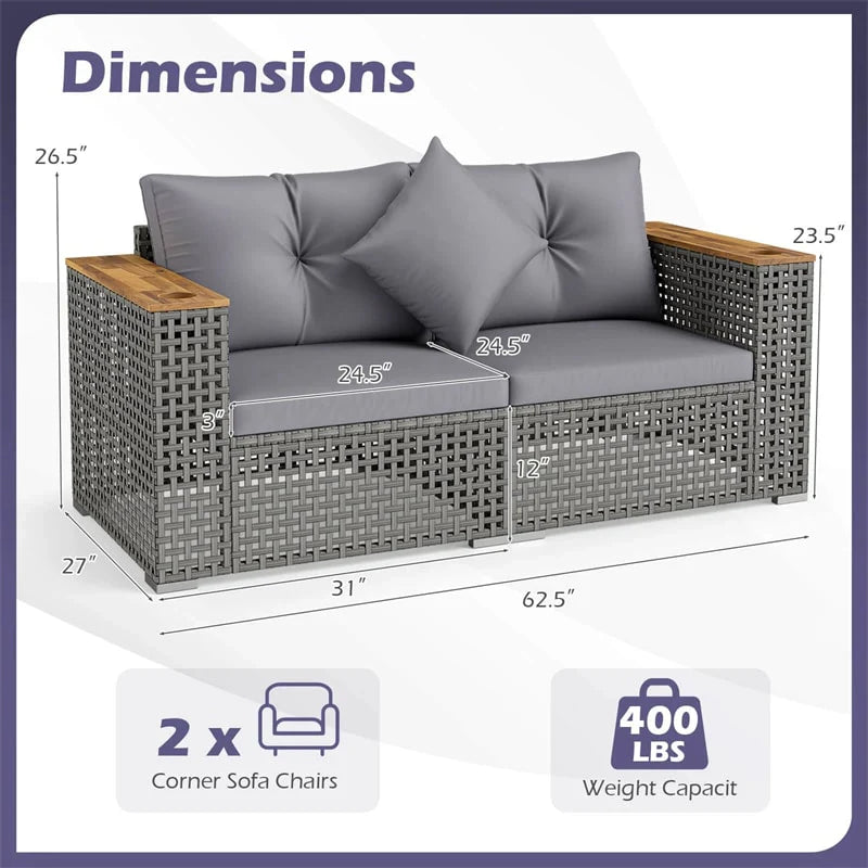 62.5" Patio Wicker Loveseat w/ Acacia Wood Armrests & Cup Holders, 2PCS Modular Rattan Corner Sectional Sofa w/ Cushions & Pillows for Backyard