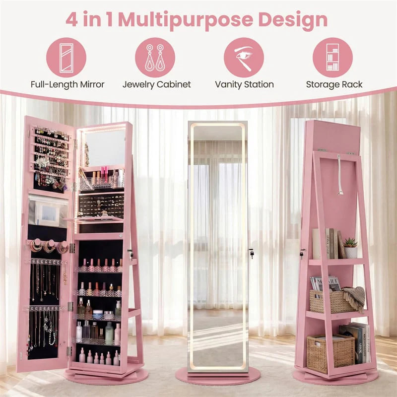 360° Swivel Jewelry Cabinet Armoire w/ Full Length Mirror 3-Color LED Lights & Rear Shelves, Lockable Standing Jewelry Storage Organizer