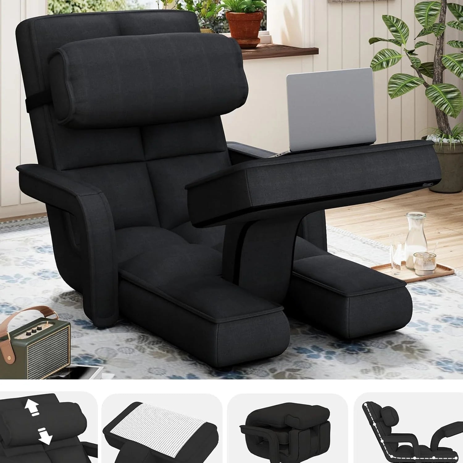 AECOJOY Floor Chair, Padded Folding Gaming Chair with 14-Level Adjustable Backrest, Portable Lazy Sofa