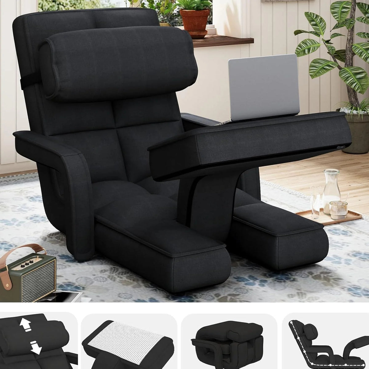 AECOJOY Floor Chair, Padded Folding Gaming Chair with 14-Level Adjustable Backrest, Portable Lazy Sofa