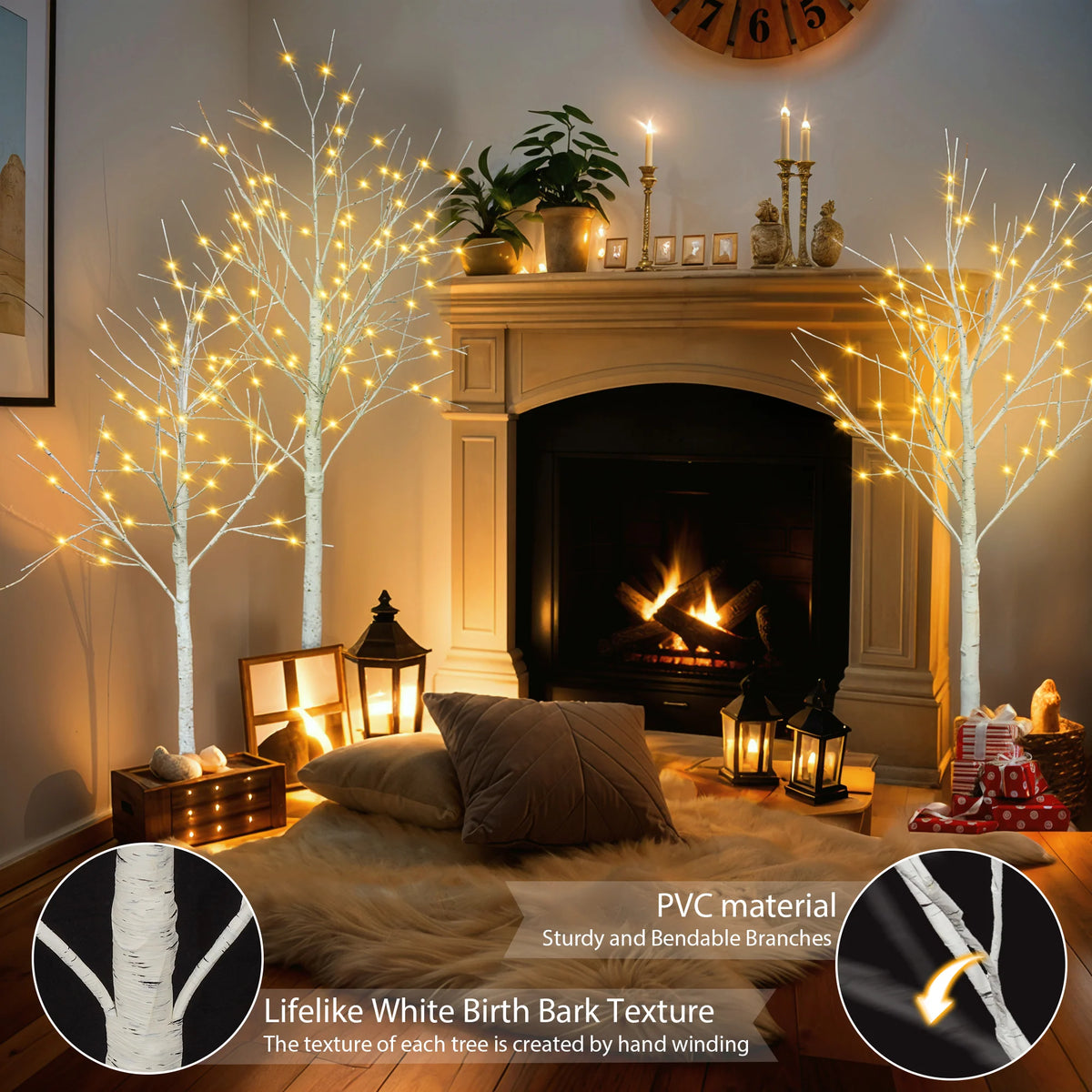 AECOJOY Set of Lighted Birch Tree, 4FT/5FT/6FT LED Artificial Tree with Warm White Lights, Christmas Tree for Decoration