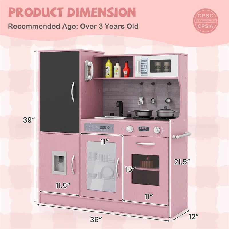 Large Wooden Kids Kitchen Playset, Little Chef Pretend Toy Kitchen Set w/Chalkboard, Microwave, Real Sounds & Lights for Toddlers Age 3+