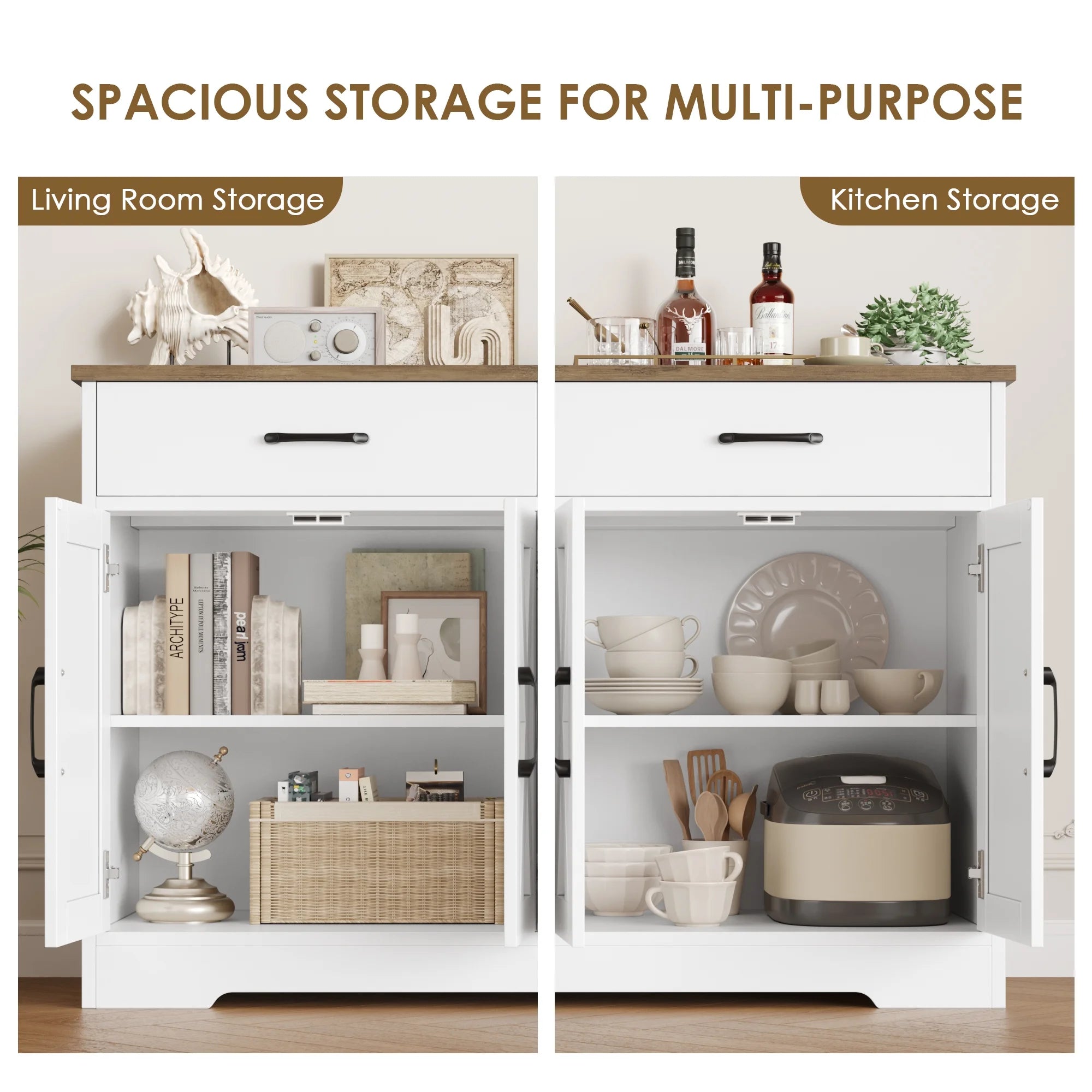 Hiphuta 47"farmhouse Sideboard Storage Cabinets with 4 Doors & 2 Drawers, Coffee Bar with Brown Top for Living Room, White