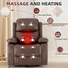 AECOJOY 360° Swivel Recliner Chair with Massage and Heat, Manual Reclining Leather Recliner Chair, Brown