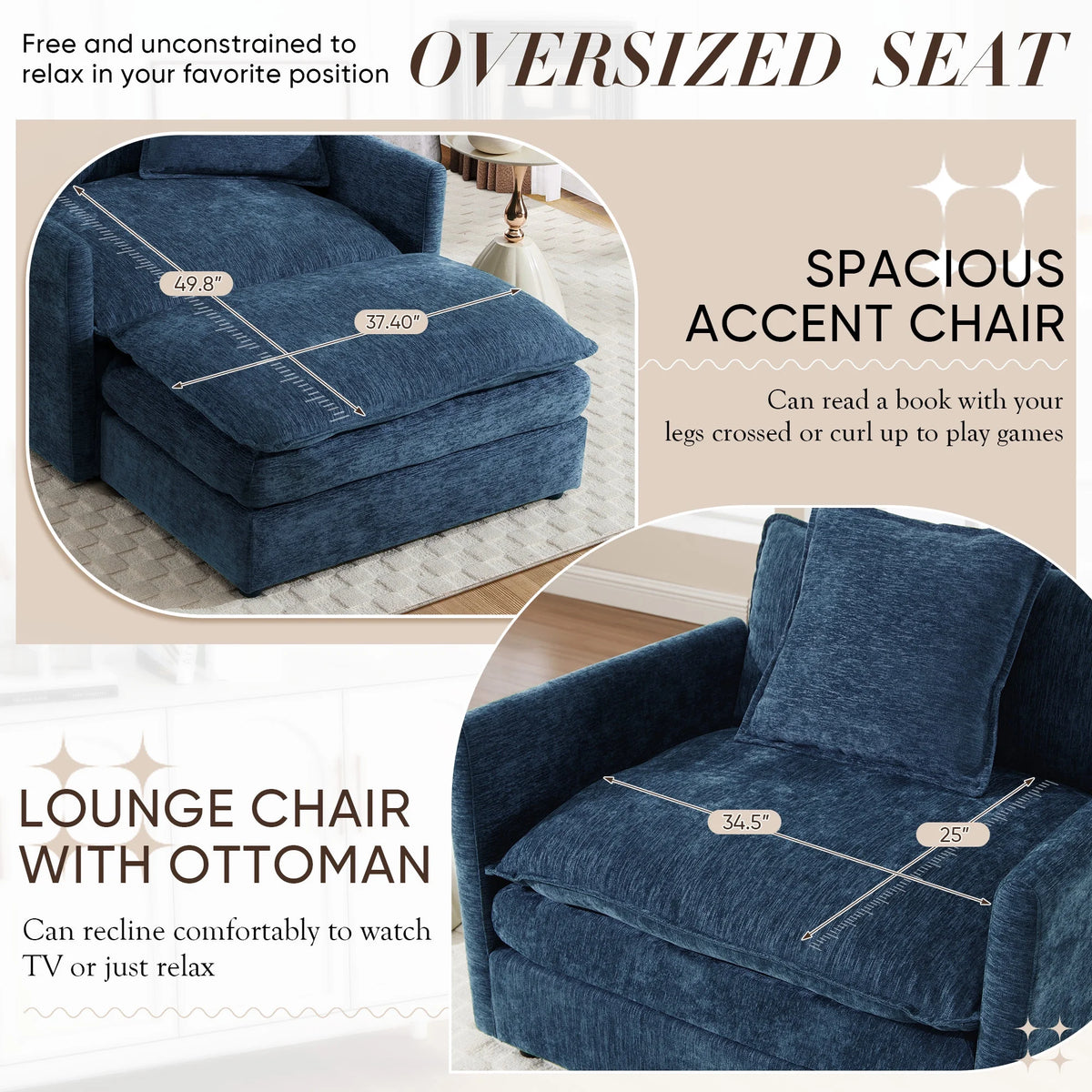 Muumblus Oversized Lounge Chair with Ottoman, Cloud Accent Armchair for Living Room, Beige Chenille