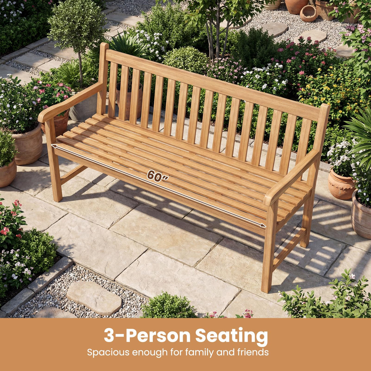 Tangkula 62" Teak Wood Outdoor Bench 3-Seat Solid Wood Garden Patio Bench