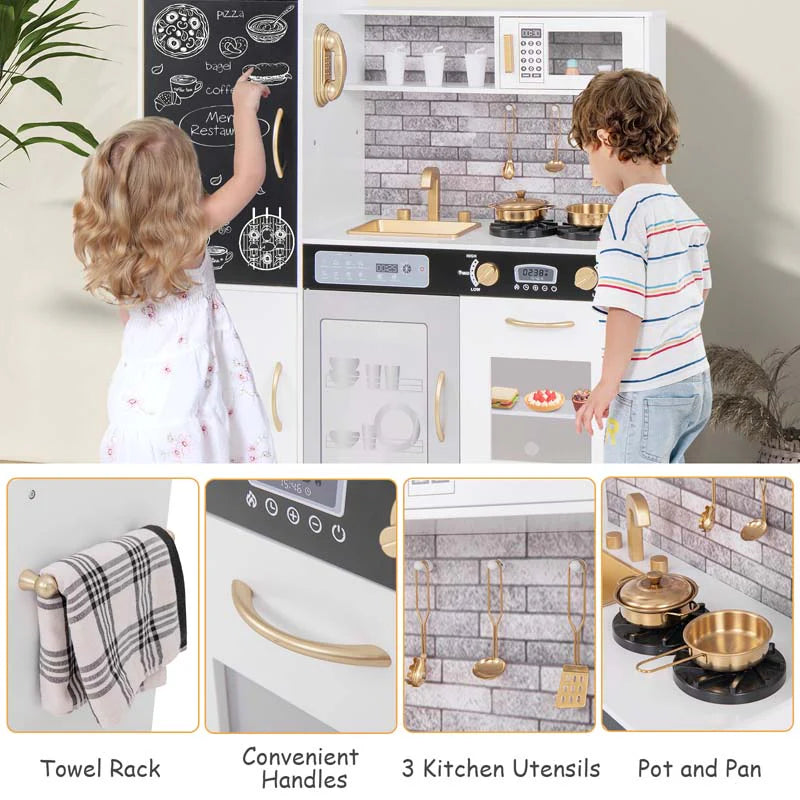 Large Wooden Kids Kitchen Playset, Little Chef Pretend Toy Kitchen Set w/Chalkboard, Microwave, Real Sounds & Lights for Toddlers Age 3+