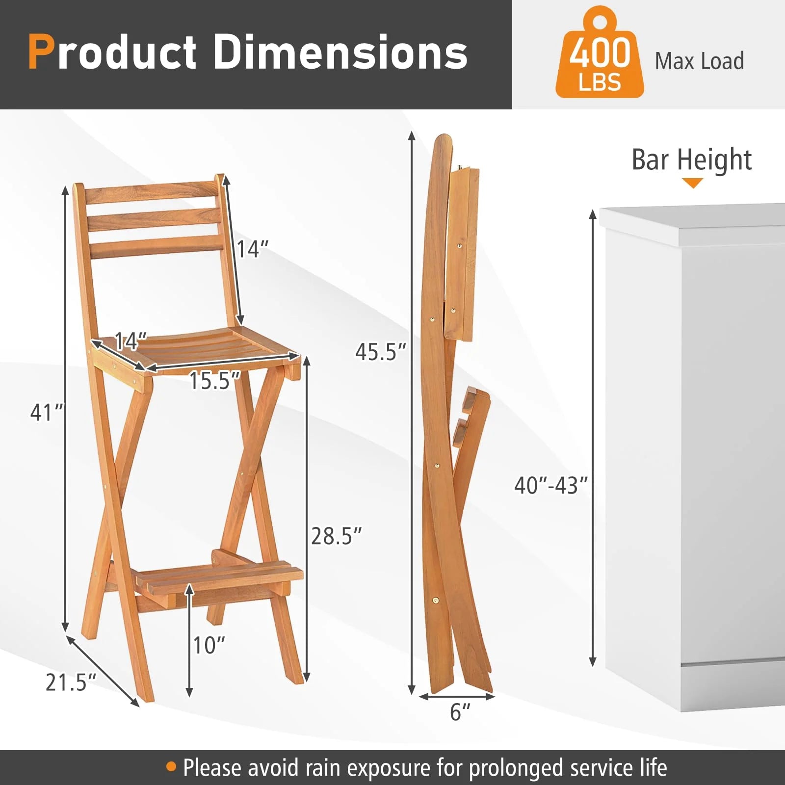 Tangkula Outdoor Portable High Top Acacia Wood Bar Height Chair with Backrest & Footrest