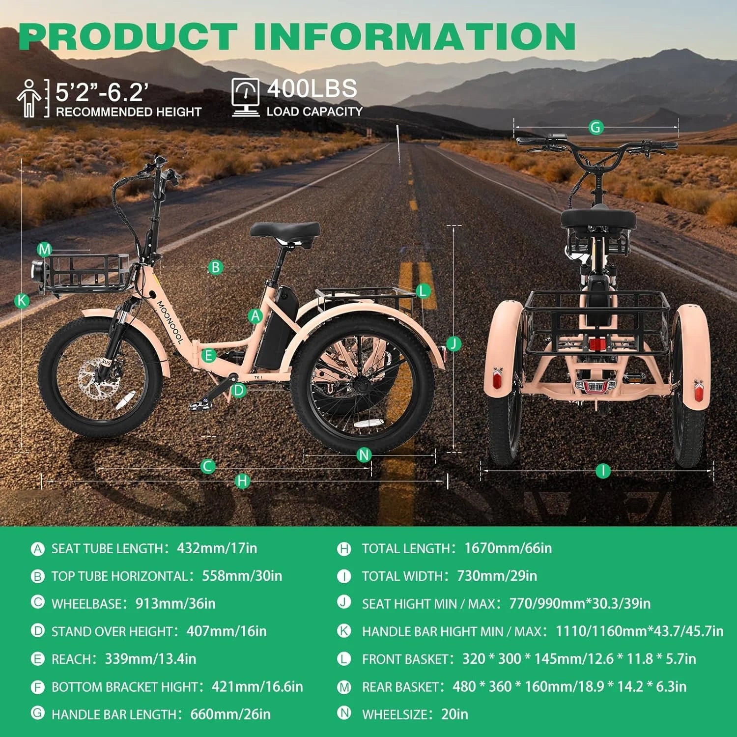 ABORON 3.0 Fat Tire Electric Trike for Senior Foldable E - Bike, 500W Motorized Tricycle Adult 20" Folding 3 Wheel Electric Commute Bike Trike W/48V Battery and Storage Baskets