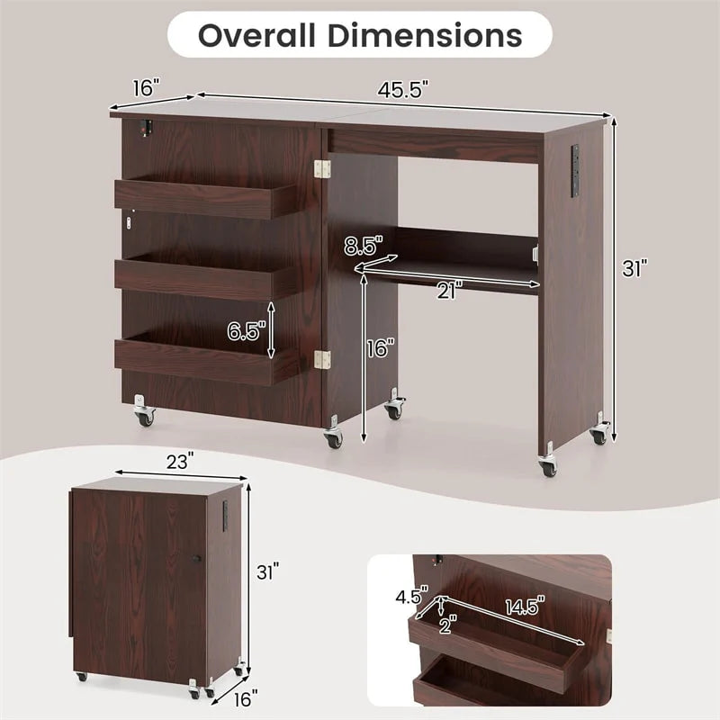 Folding Sewing Table with Charging Station, Rolling Craft Table w/ 3 Storage Trays & Shelf, Mobile Sewing Machine Cabinet for Small Spaces