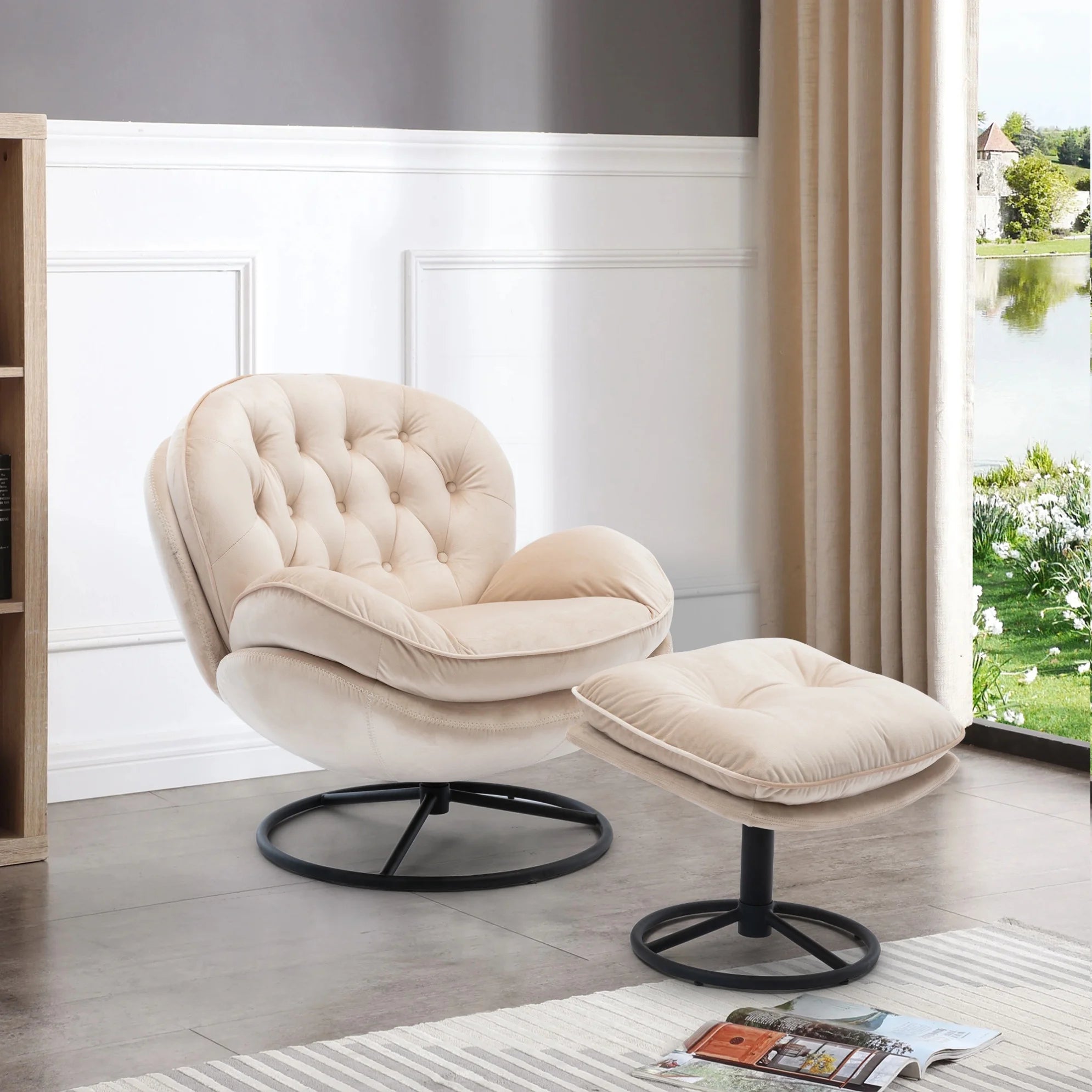 Velvet Swivel Accent Chair with Ottoman, Modern Chaise Lounge Chair with Metal Frame and Footstool, Comfy Armchair Reading Chair for Living Room Bedroom Office, Blue