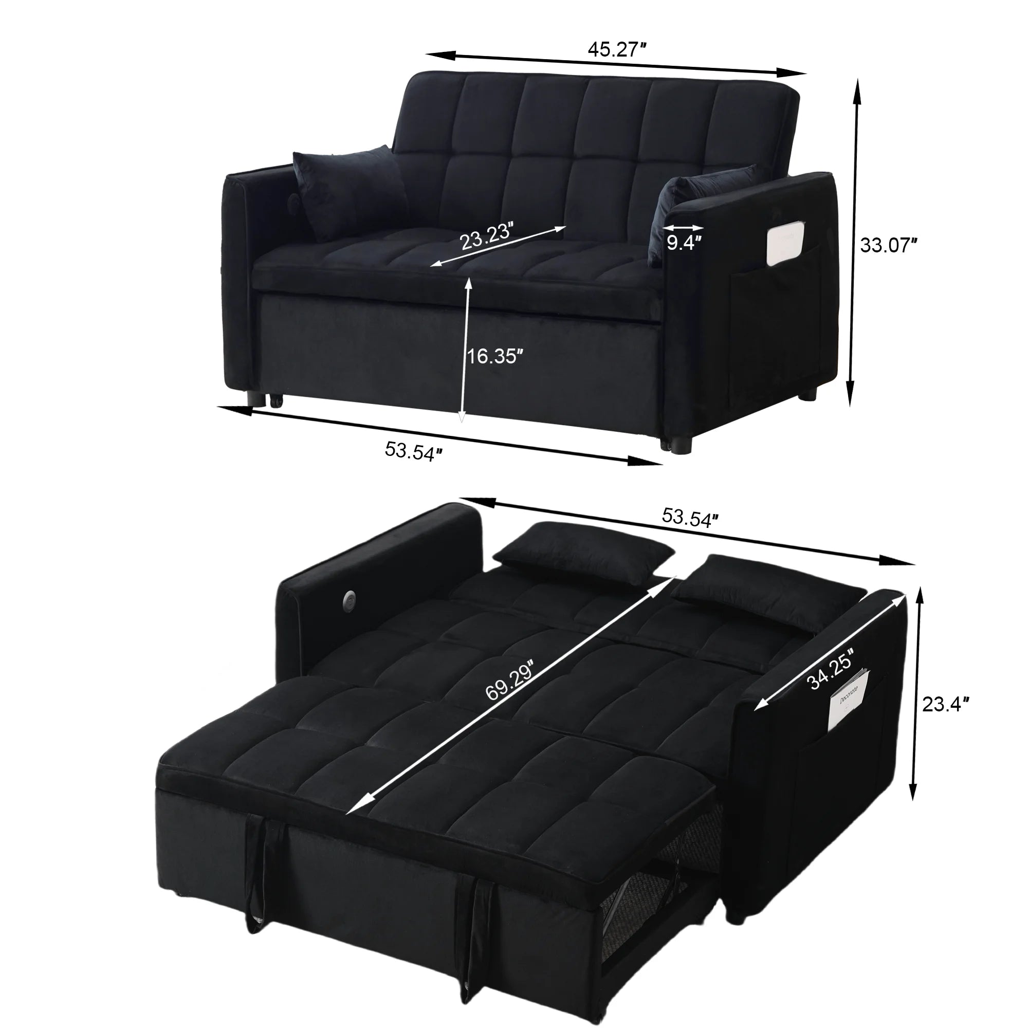 Velvet 3 - in - 1 Convertible Sofa Bed - USB Charging, Adjustable Backrest Pull - Out Couch Loveseat Sleeper for Living Room, Apartment & Small Space, Black