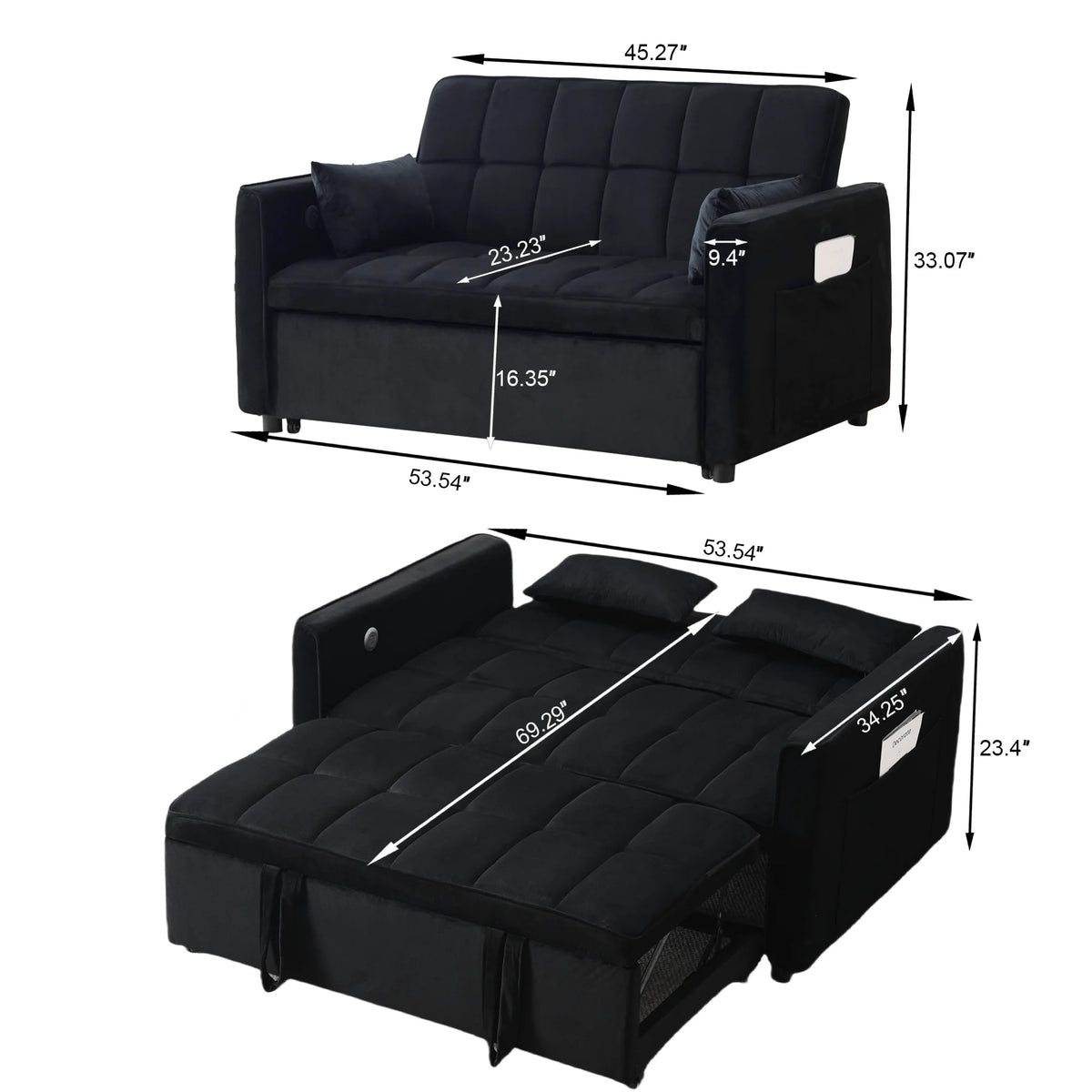 Velvet 3 - in - 1 Convertible Sofa Bed - USB Charging, Adjustable Backrest Pull - Out Couch Loveseat Sleeper for Living Room, Apartment & Small Space, Black