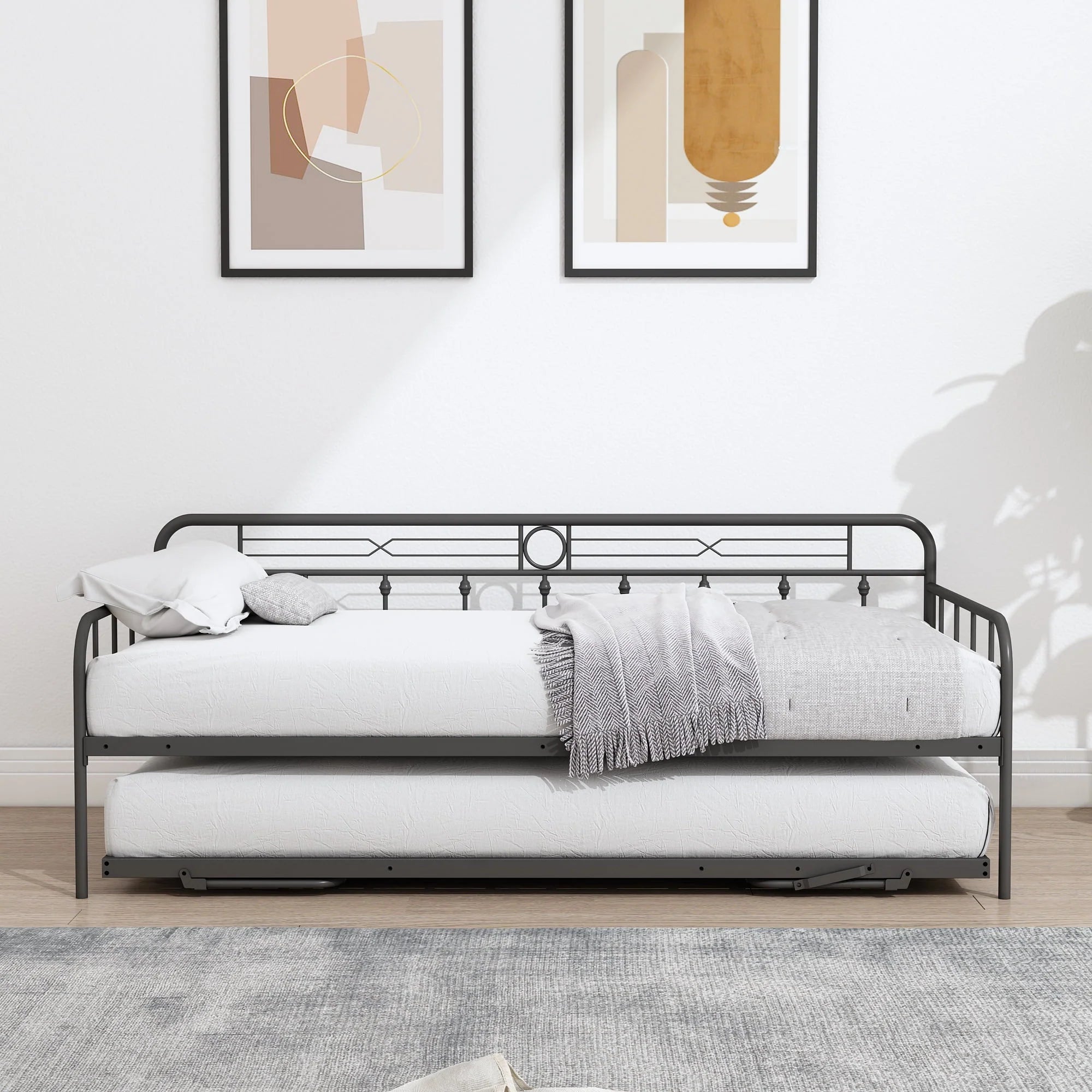 Sesslife Metal Daybed with Adjustable Trundle, Twin Size Daybed with Twin Size Pop up Trundle Bed, Heavy - Duty Sofa with Portable Folding Trundle Bed for Bedroom Living Room (Black)