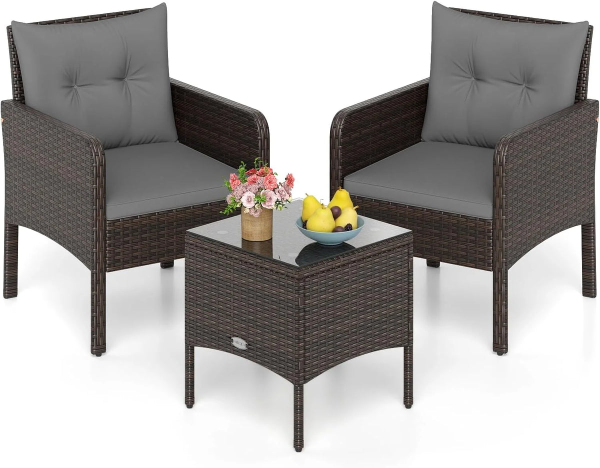Tangkula 3 Piece Patio Bistro Set Rattan Wicker Outdoor Conversation Set with Cushions and Coffee Table