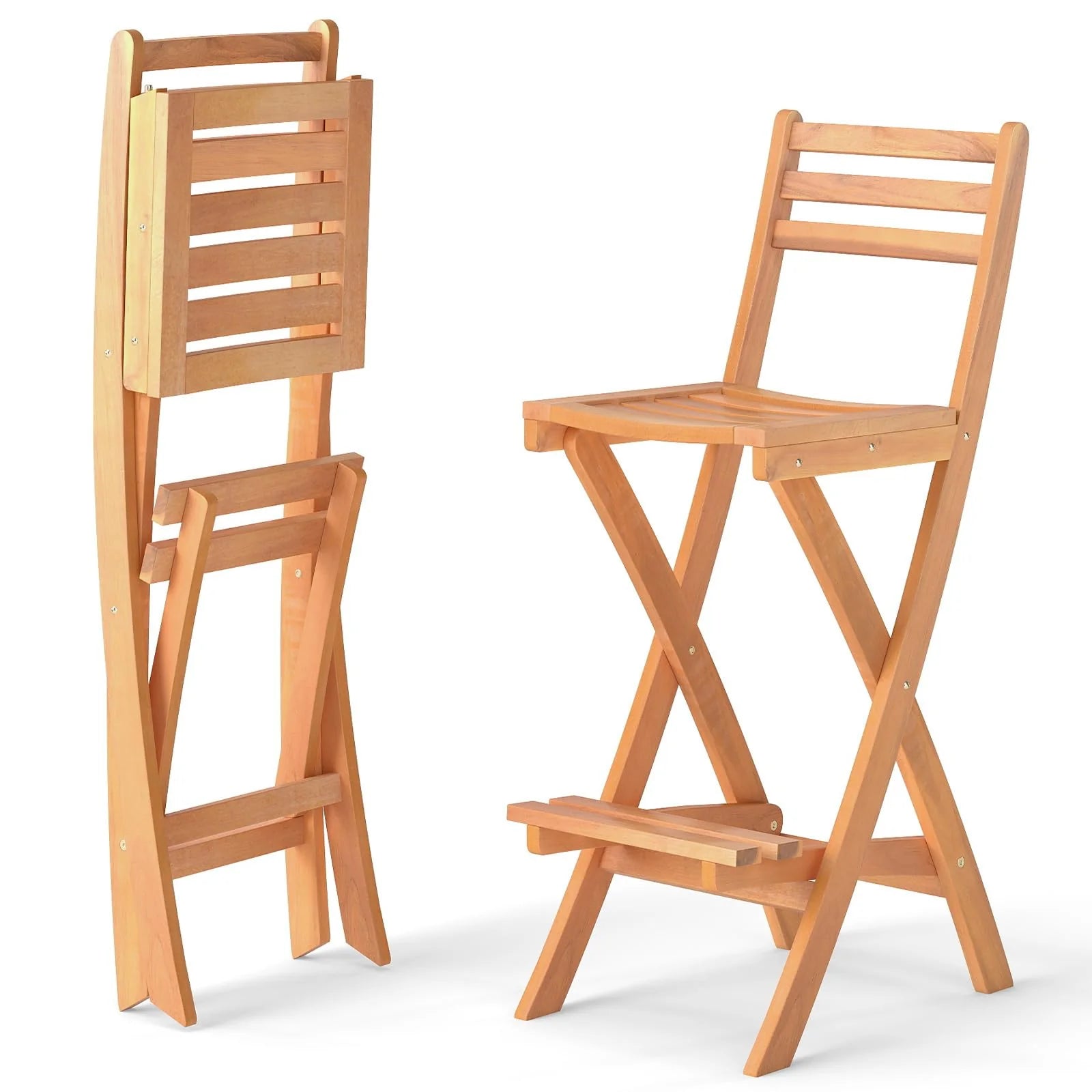 Tangkula Outdoor Portable High Top Acacia Wood Bar Height Chair with Backrest & Footrest