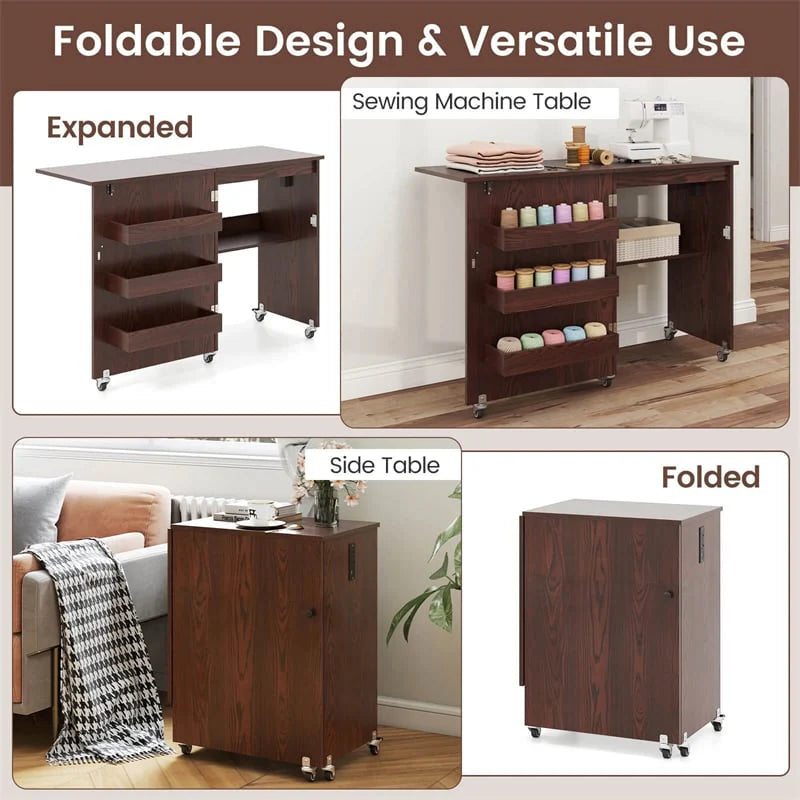 Folding Sewing Table with Charging Station, Rolling Craft Table w/ 3 Storage Trays & Shelf, Mobile Sewing Machine Cabinet for Small Spaces