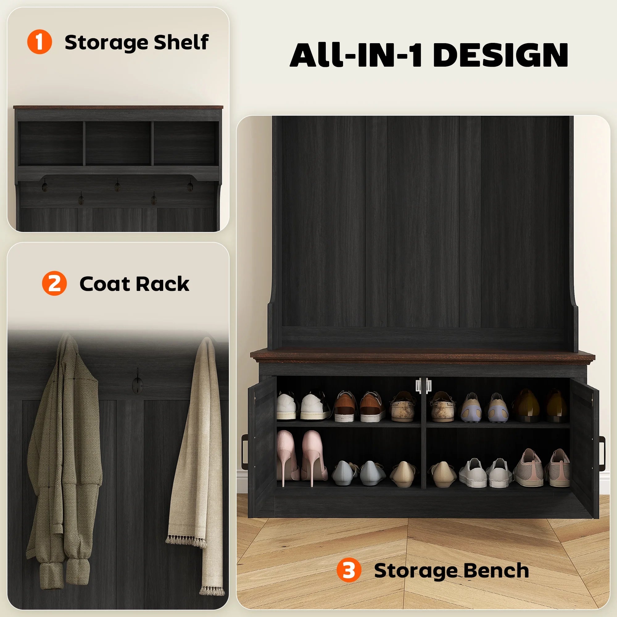 HOMCOM 3 - in - 1 Hall Tree with Shoe Storage, Standing Coat Rack with Shoe Bench, Entryway Furniture with Five Hooks, White Wood Grain
