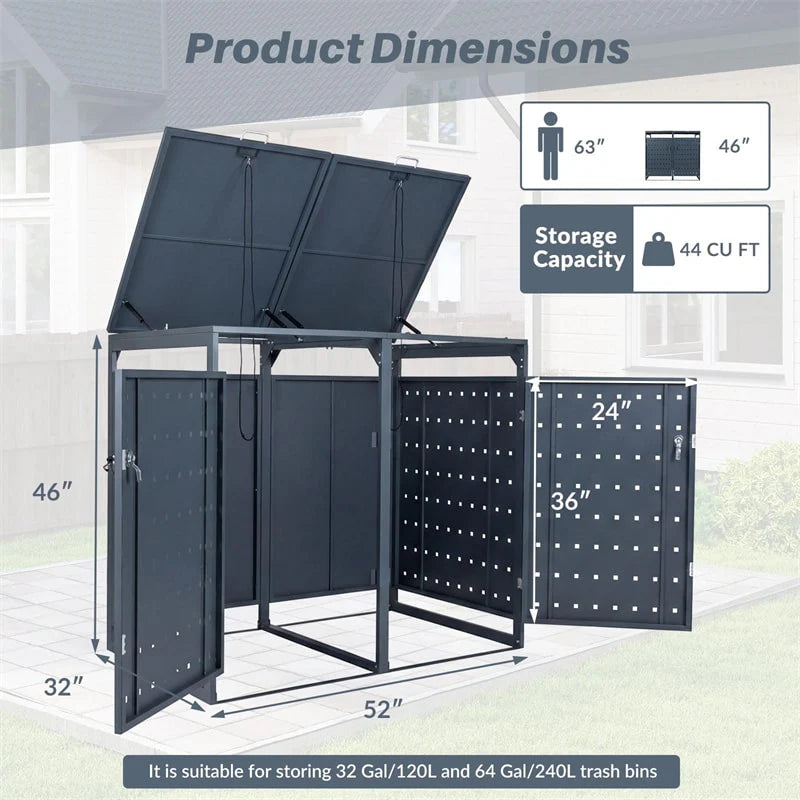 Outdoor Metal Garbage Bin Storage Shed for 2 Trash Cans, 44 Cu.Ft Double Trash Can Enclosure w/ Gas Struts & Lockable Doors, Patio Garden Bin Cabinet