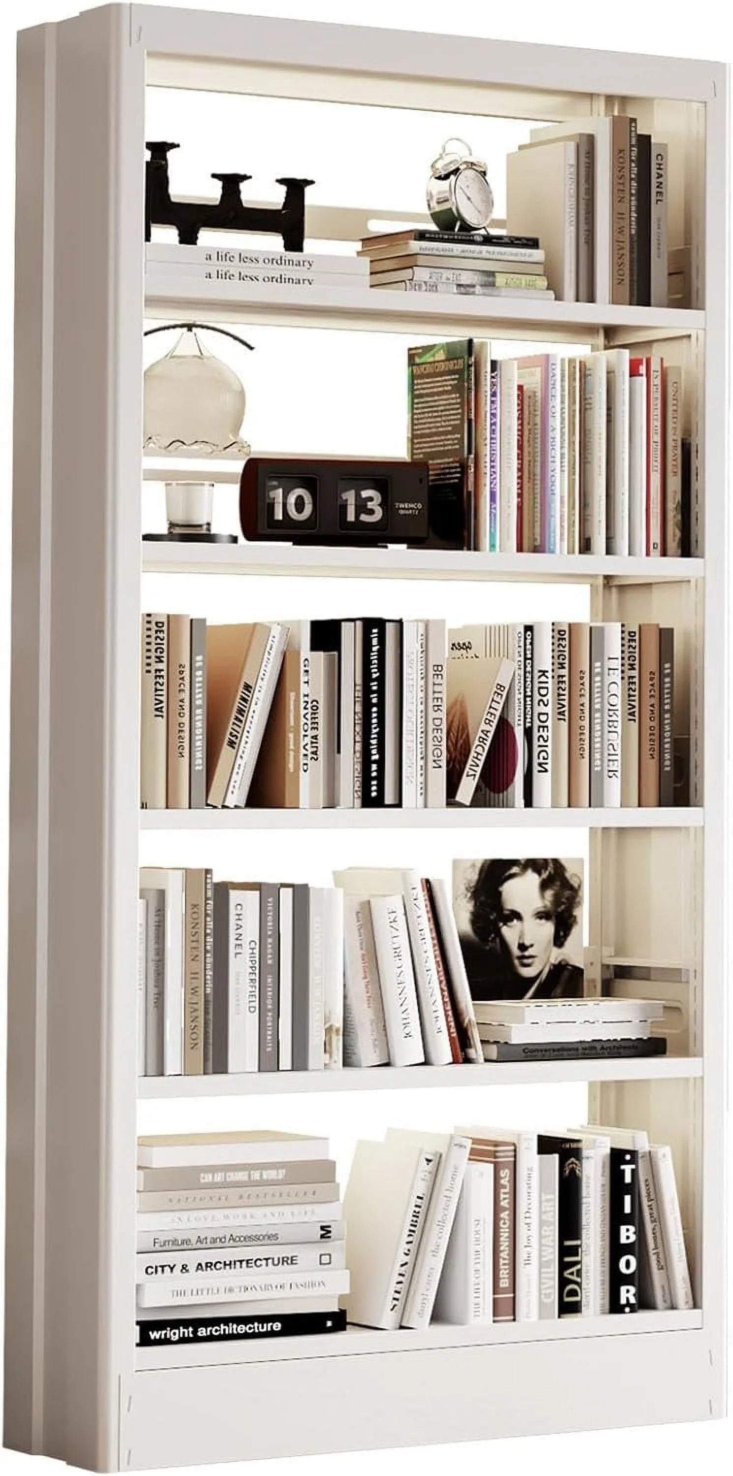 5 Tier White Metal Bookshelf, 71" H Bookcase with Adjustable Shelves, Heavy Duty Storage Bookshelves Tall Bookcase for Library, Office, Bedroom, Living Room, Classroom, Including Book Stopper(White)