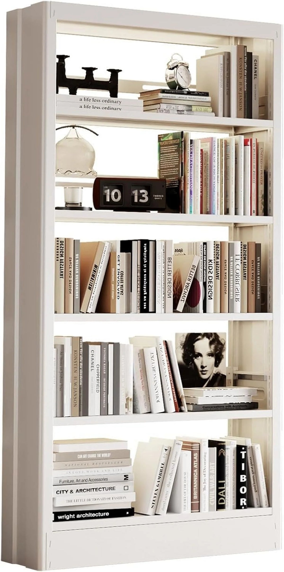 5 Tier White Metal Bookshelf, 71" H Bookcase with Adjustable Shelves, Heavy Duty Storage Bookshelves Tall Bookcase for Library, Office, Bedroom, Living Room, Classroom, Including Book Stopper(White)