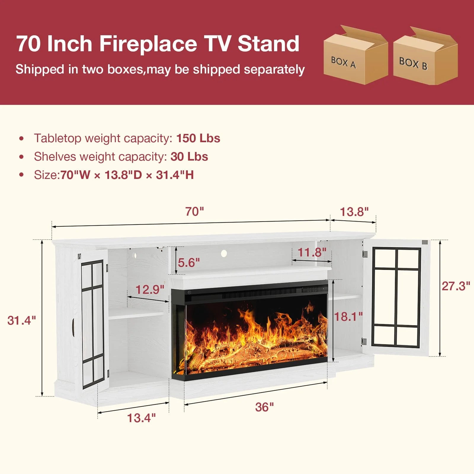 Easoger Fireplace TV Stand for Tvs up to 65", 12 Flame Colors&12 LED Light Colors, TV Console with 3-Sided Glass Fireplace, for Living Room, Gray
