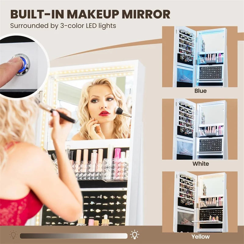 360° Swivel Jewelry Cabinet Armoire w/ Full Length Mirror 3-Color LED Lights & Rear Shelves, Lockable Standing Jewelry Storage Organizer
