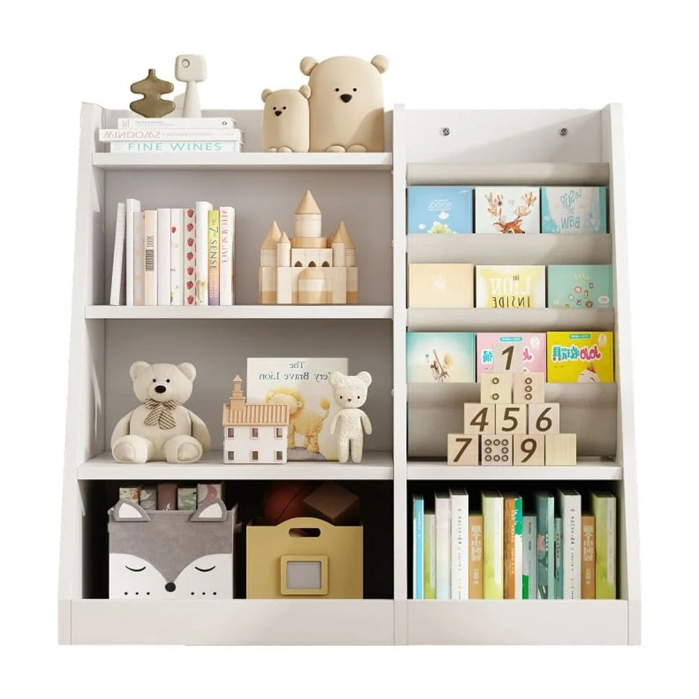 IVV Montessori Kid Bookshelf, Modern Wood Bookcase 4 Tier Children Book Rack Display Toy Storage Organizer Sling Book Rack for Classroom Bedroom Nursery Playroom (Pink)