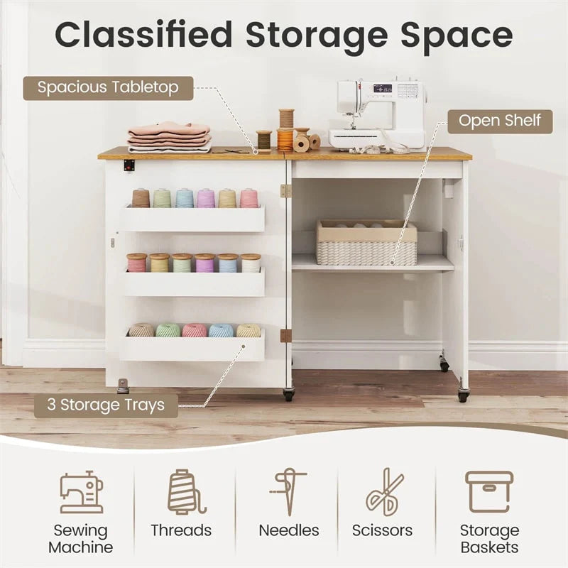 Folding Sewing Table with Charging Station, Rolling Craft Table w/ 3 Storage Trays & Shelf, Mobile Sewing Machine Cabinet for Small Spaces