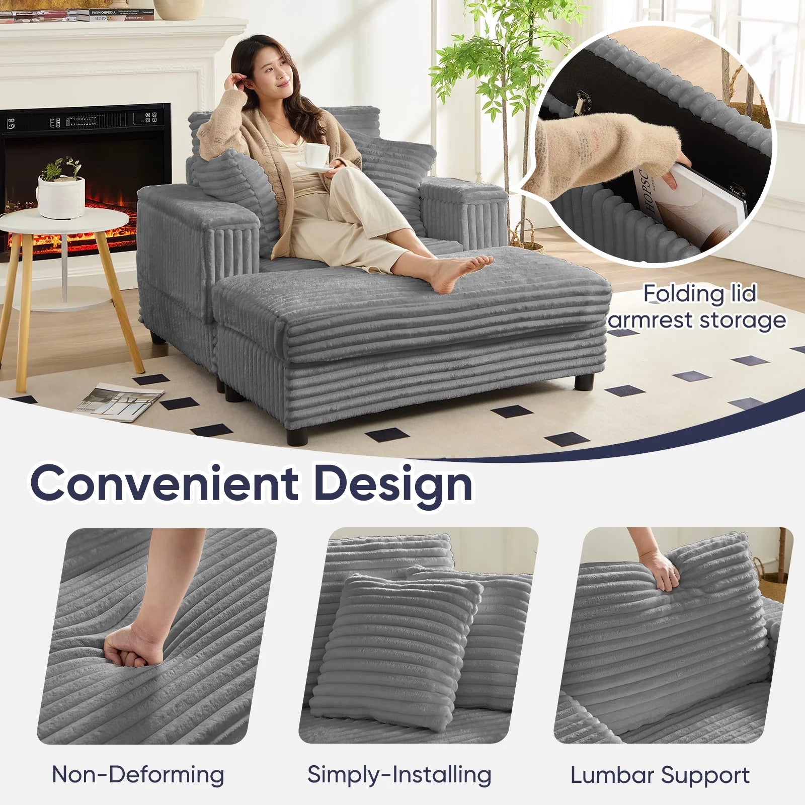 ZAFLY 44" Modern Corduroy Accent Armchair with Storage Ottoman for Living Room, Black