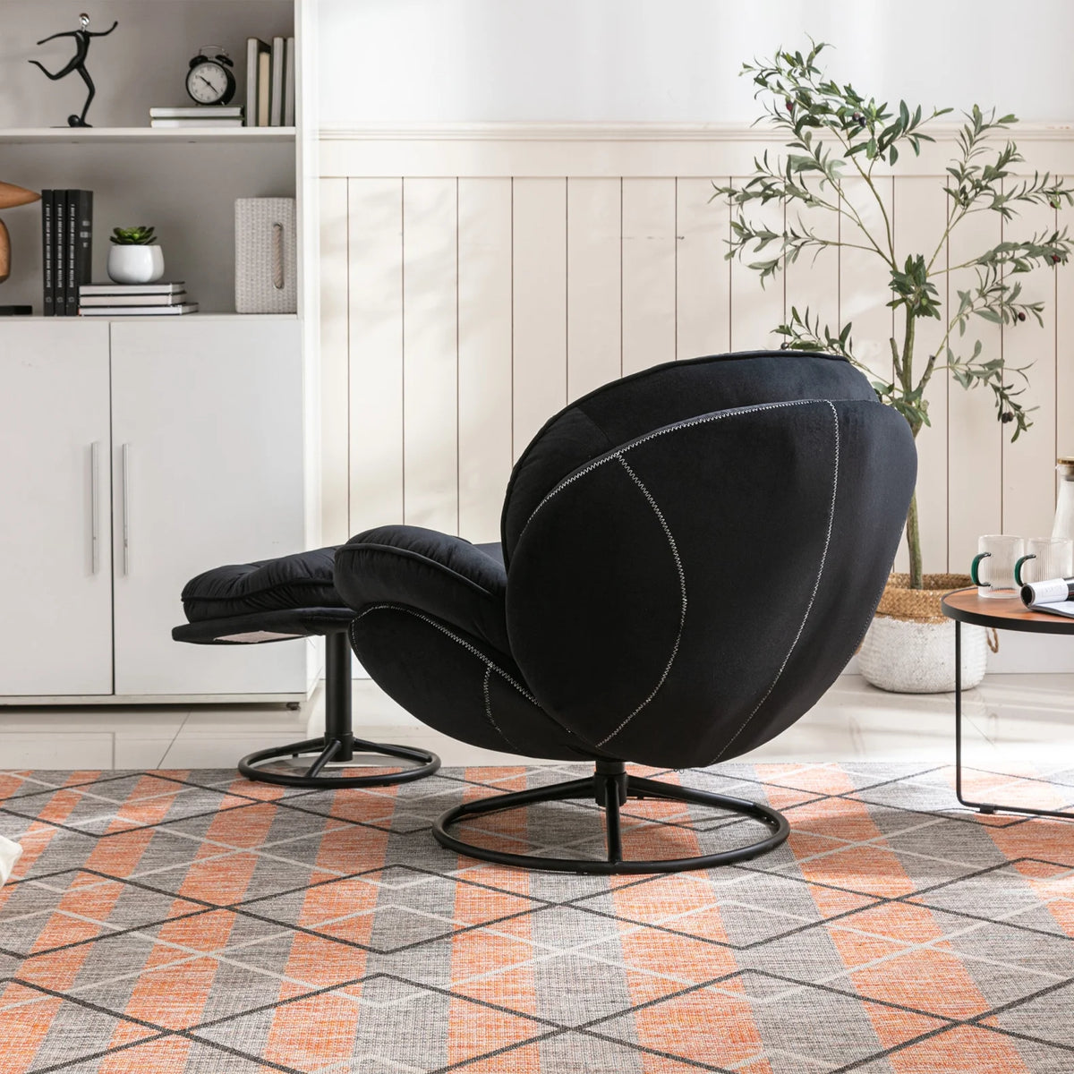 Velvet Swivel Accent Chair with Ottoman, Modern Chaise Lounge Chair with Metal Frame and Footstool, Comfy Armchair Reading Chair for Living Room Bedroom Office, Blue