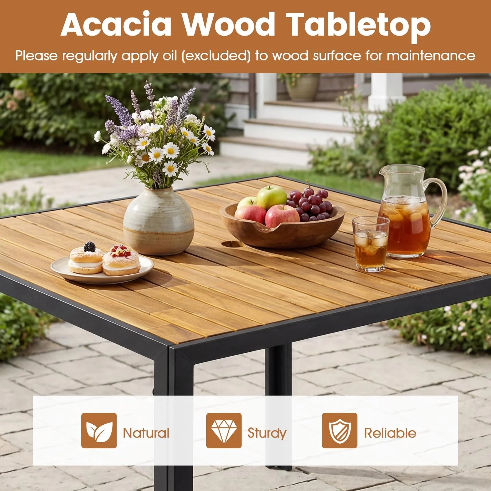 Tangkula 36" Square Acacia Wood Patio Dining Table 1.97" Umbrella Hole and Heavy Duty Metal Frame