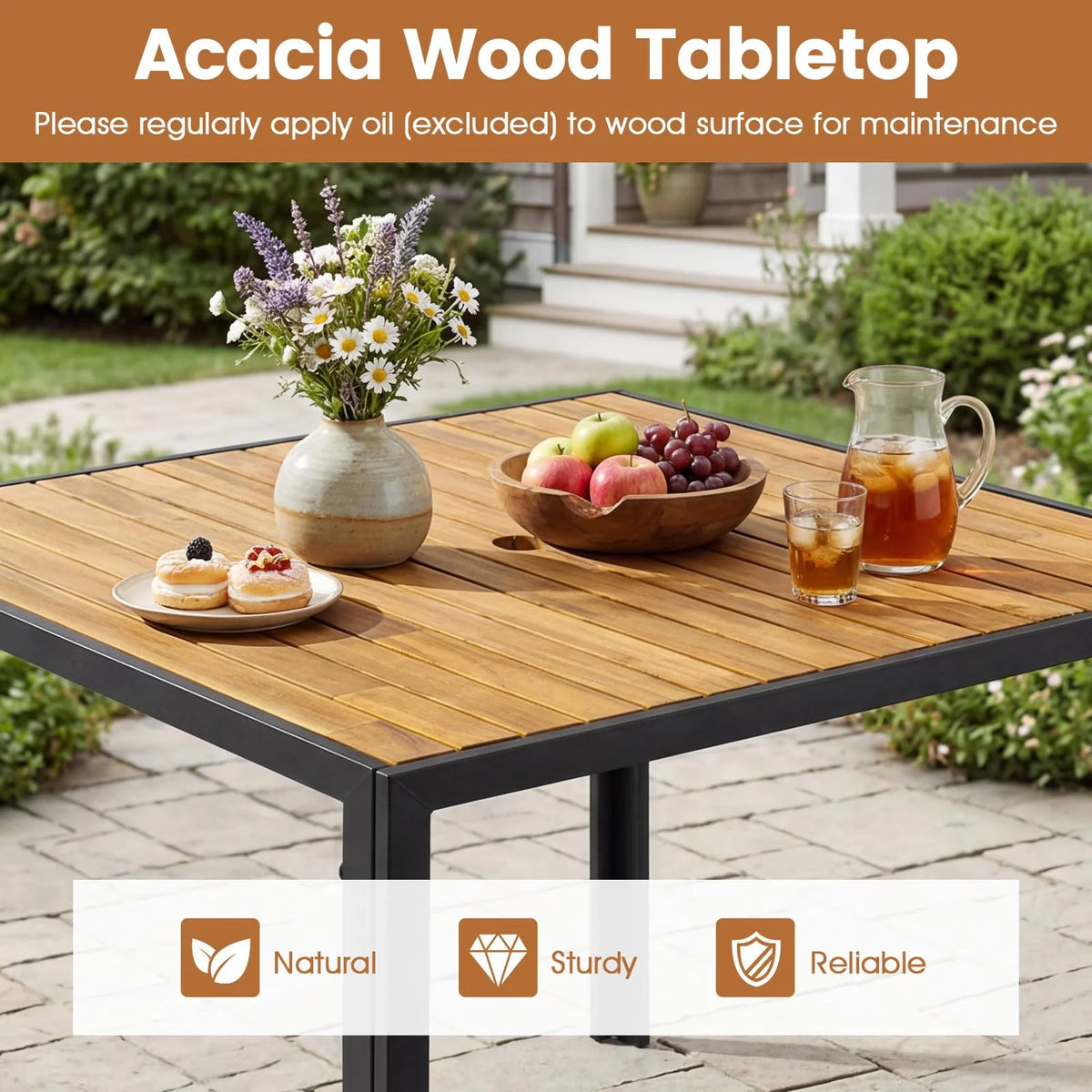 Tangkula 36" Square Acacia Wood Patio Dining Table 1.97" Umbrella Hole and Heavy Duty Metal Frame