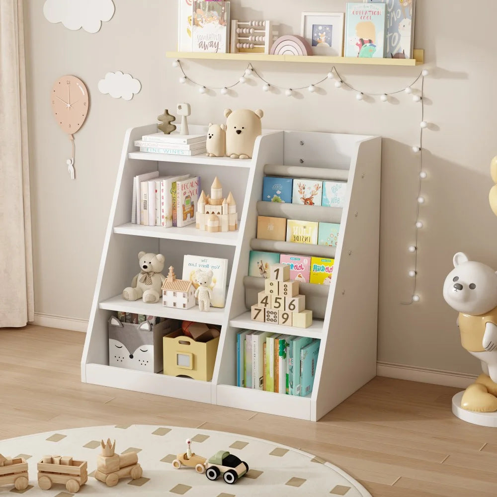 IVV Montessori Kid Bookshelf, Modern Wood Bookcase 4 Tier Children Book Rack Display Toy Storage Organizer Sling Book Rack for Classroom Bedroom Nursery Playroom (Pink)