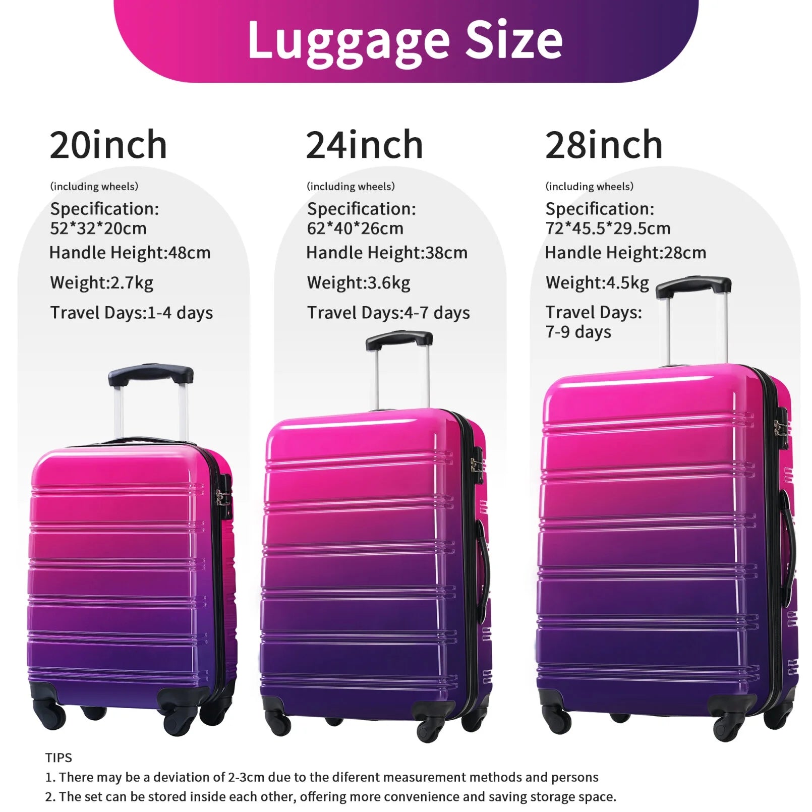 3 Piece Luggage Sets, Hard Shell Suitcase 20/24/28 in with TSA Lock and Spinner Wheels, Expandable Lightweight Travel Luggage for Men Women, Multicolor Purple
