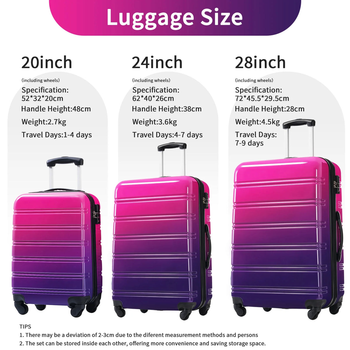 3 Piece Luggage Sets, Hard Shell Suitcase 20/24/28 in with TSA Lock and Spinner Wheels, Expandable Lightweight Travel Luggage for Men Women, Multicolor Purple