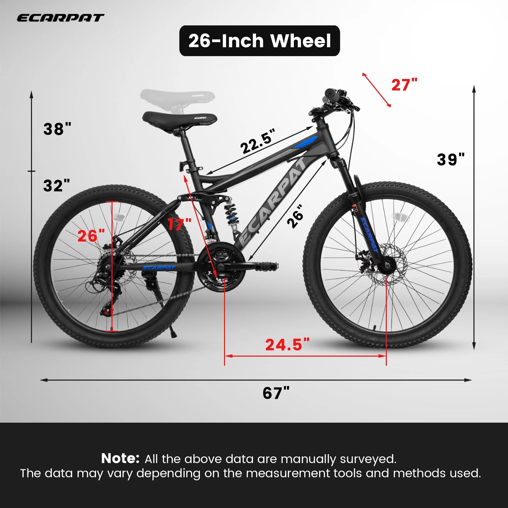 Mountain Bike 26 in Wheels, 21 - Speed Full Suspension Mens Womens Trail Commuter City Mountain Bike, Carbon Steel Frame Disc Brakes Thumb Shifter Front Fork Rear Shock Absorber Bicycles