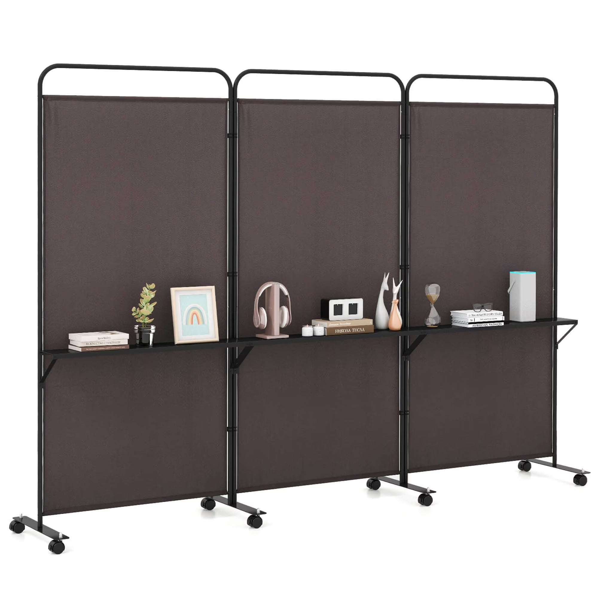Costway 3 - Panel Room Divider with Storage Shelves 6FT Tall Folding Privacy Screen on Wheels Black