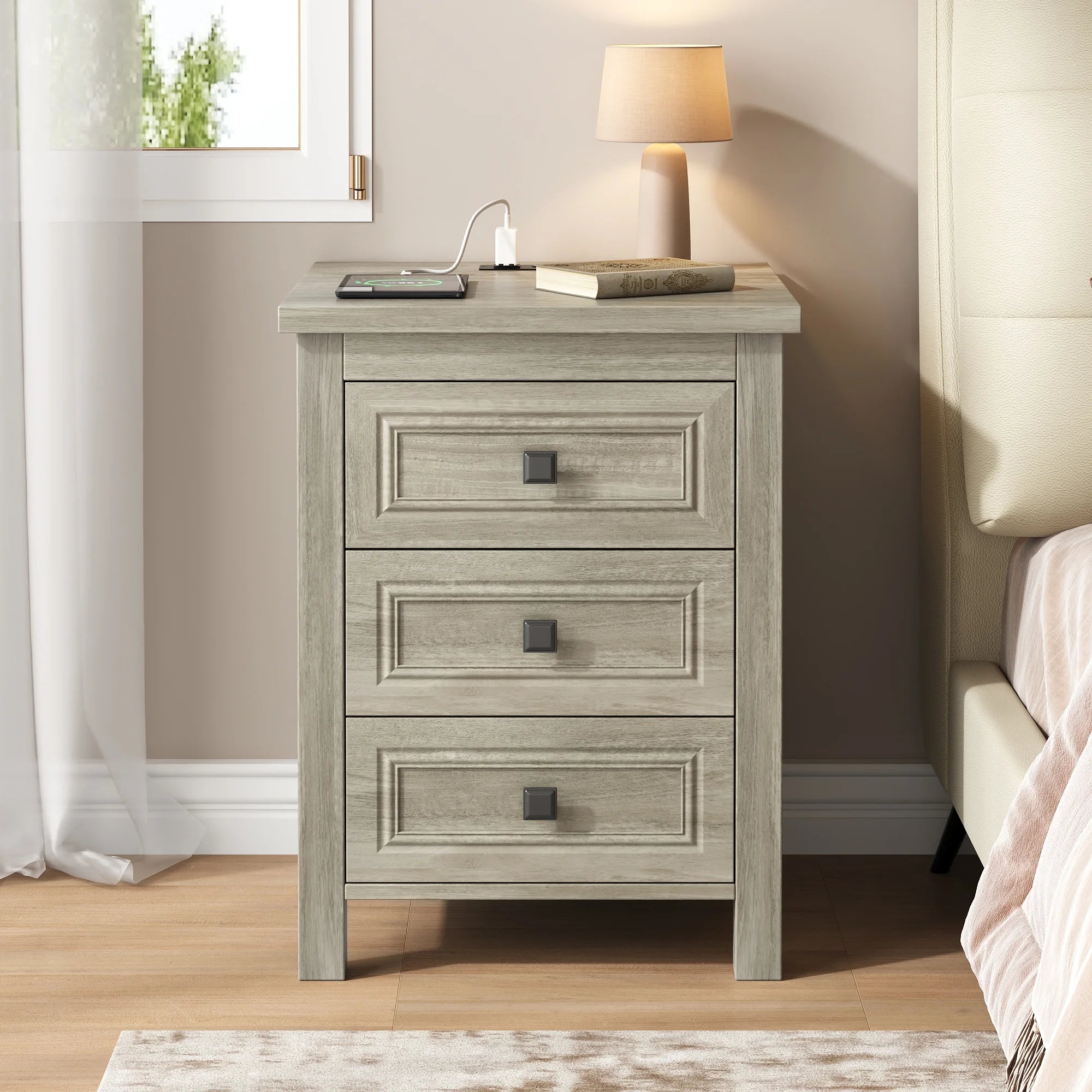 IDEALSOUL Nightstand, Bedside Table with Charging Station, Farmhouse 3 Drawer Nightstand Rustic Night Stand End Tables for Bedroom Living Room, Gray