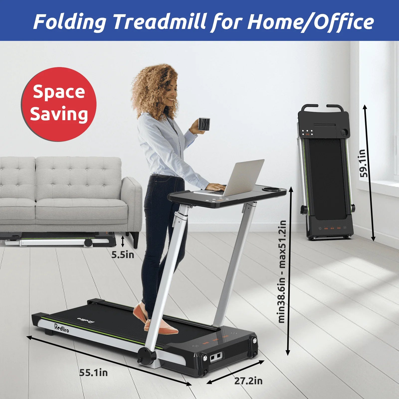Redliro Folding Treadmills with Desk Adjustable Height 265 lb 2.25HP Walking Machine for Home Office