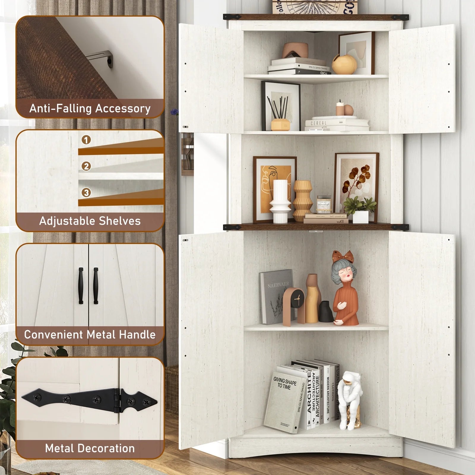 Blotout 68" Tall Farmhouse Corner Cabinet with 4 Doors, 28.3" W Barn Door Storage Cabinet with Adjustable Shelves, 5 Tier Corner Storage Cabinet for Bathroom, Living Room, Kitchen