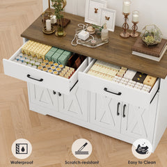 Hiphuta 47"farmhouse Sideboard Storage Cabinets with 4 Doors & 2 Drawers, Coffee Bar with Brown Top for Living Room, White